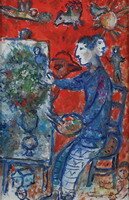 Marc Chagall. Peintre au double-profil sur fond rouge, 1982